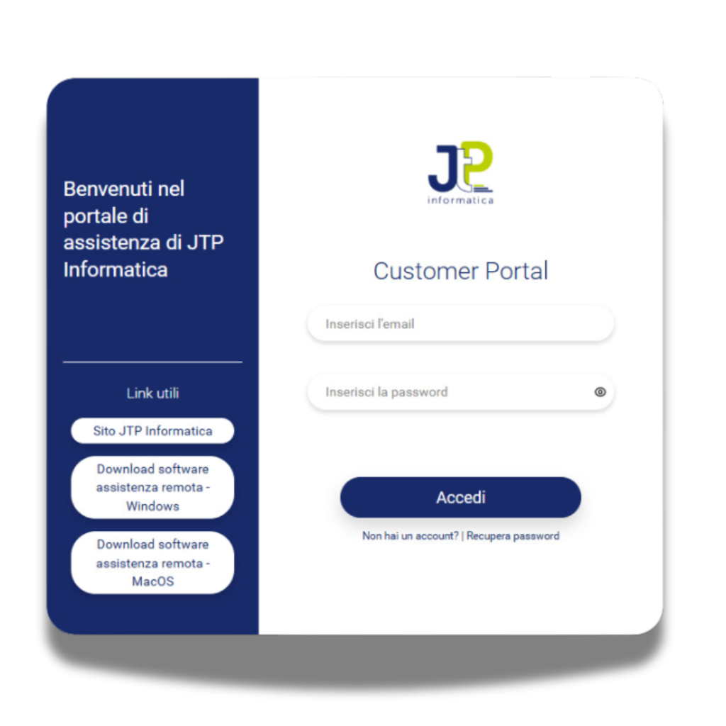 Maschera accesso al Customer Portal di JTP Informatica