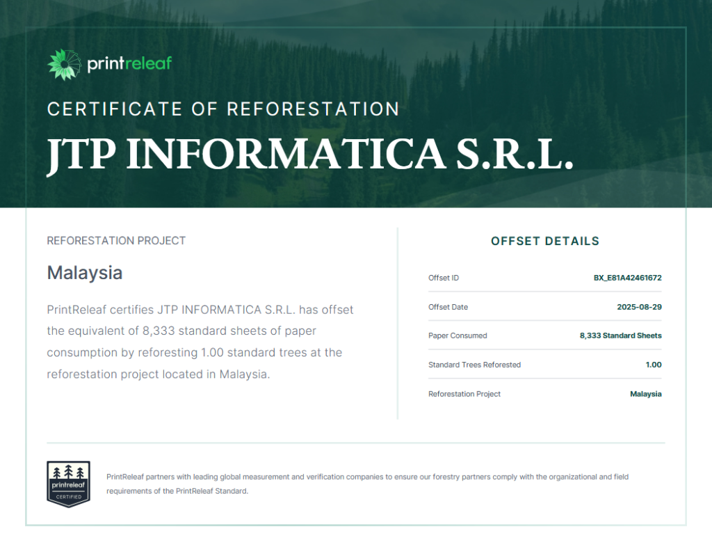 certificato riforestazione 2025 - JTP Informatica