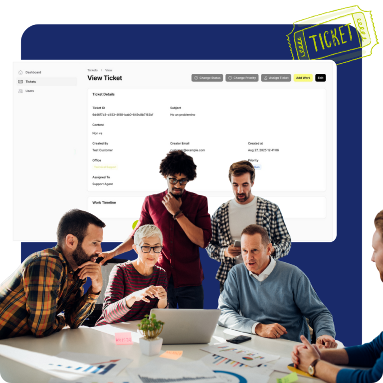 Sistema di ticketing CRM BeCloud con persone in ufficio che utilizzano il sistema